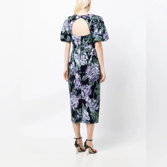 MARCHESA NOTTE NAVY FLORAL EMBROIDERED BUBBLE SEQUIN MIDI DRESS - Picture 2 of 8